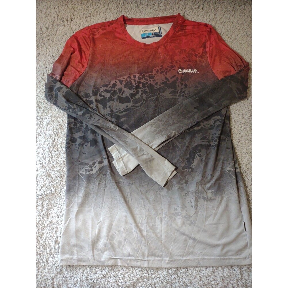 Magellan Fish Gear T Shirt Mens Classic Fit Sz Xl Long Sleeve Red And Grey